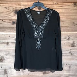 Tribal Black Sheer Long Belle Sleeve V-Neck Top Size 6